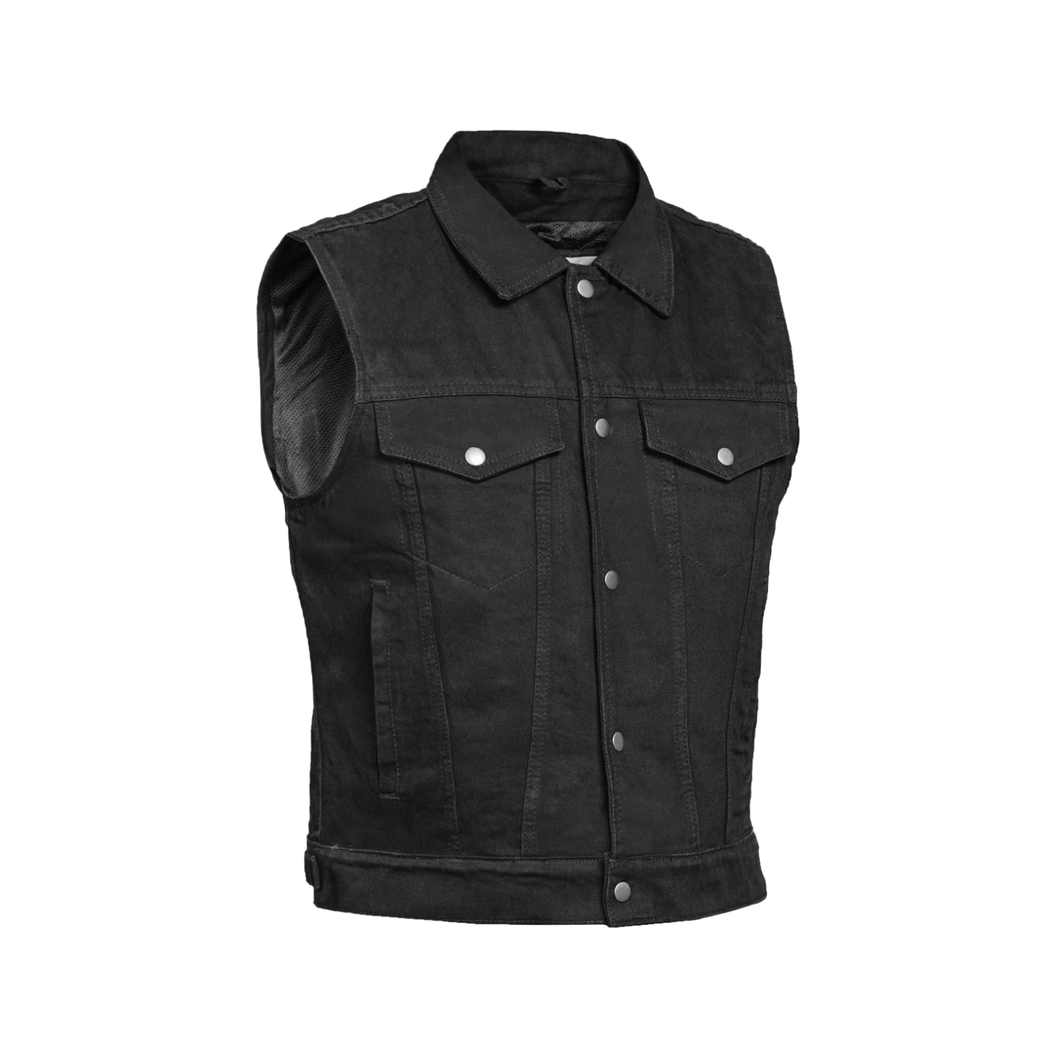 Men’s black LVAD HeartMate denim vest with zip pockets, side lacing, and device holders